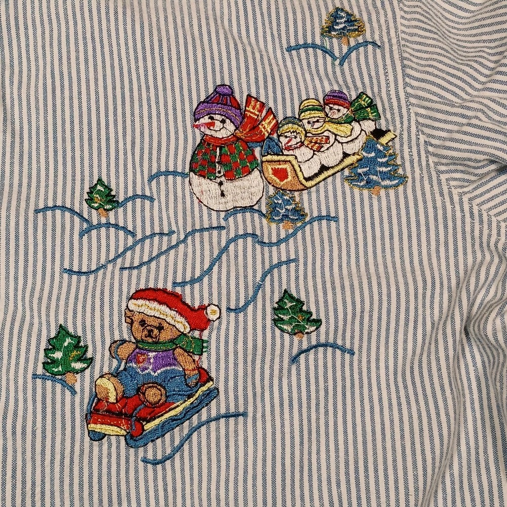 VTG Denim Winter Christmas Snowman Bear Embroidered Button Up Shirt‎ Sz S 90s - Picture 3 of 8
